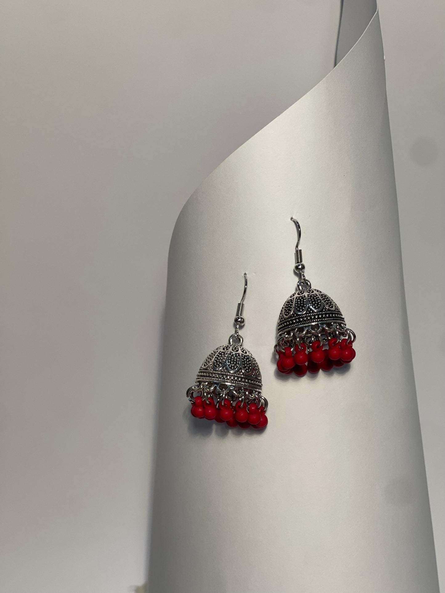 silver katuri jhumki with maroon beads-(Noor-Bano-Collection)