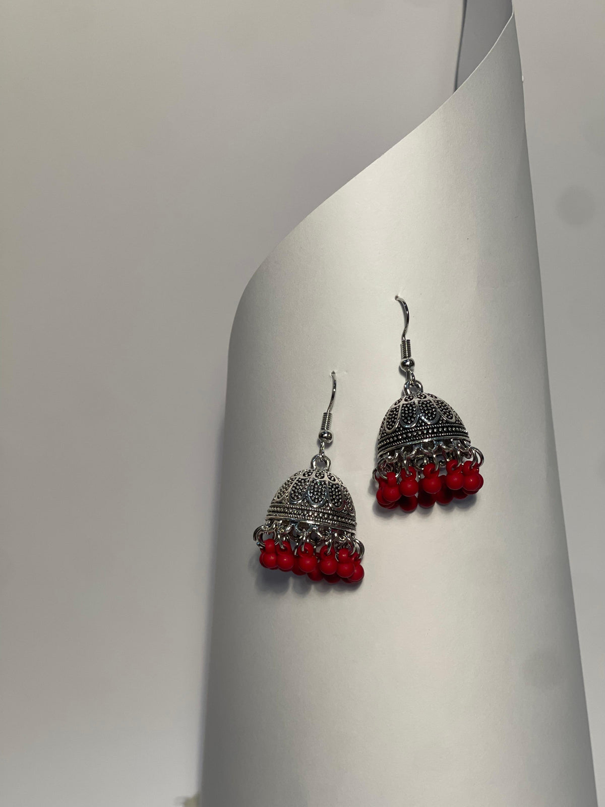 silver katuri jhumki with maroon beads-(Noor-Bano-Collection)