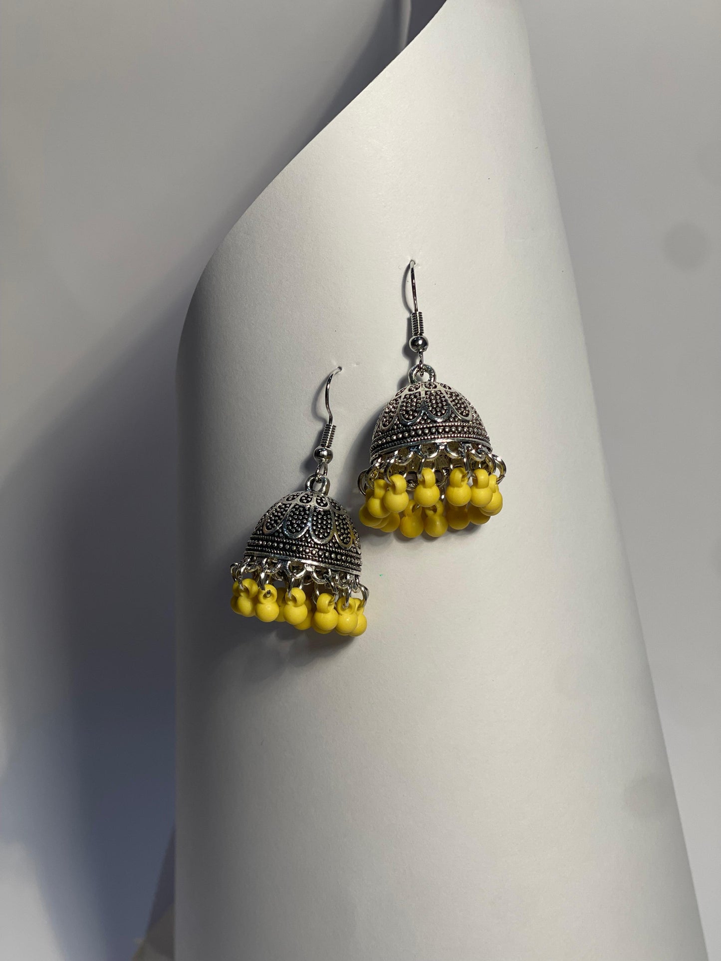 silver katuri jhumki with yellow beads-(Noor-Bano-Collection)