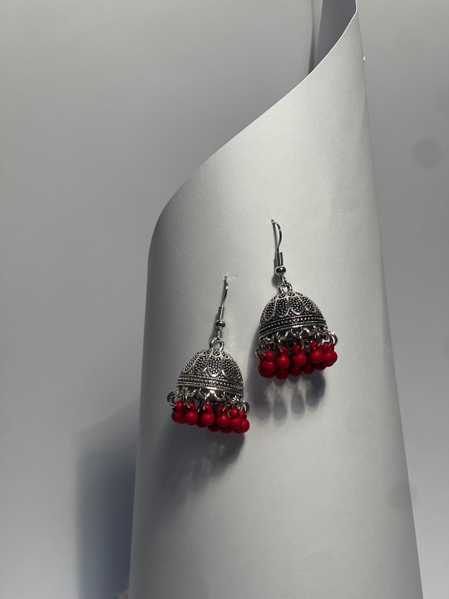 silver katuri jhumki with maroon beads-(Noor-Bano-Collection)