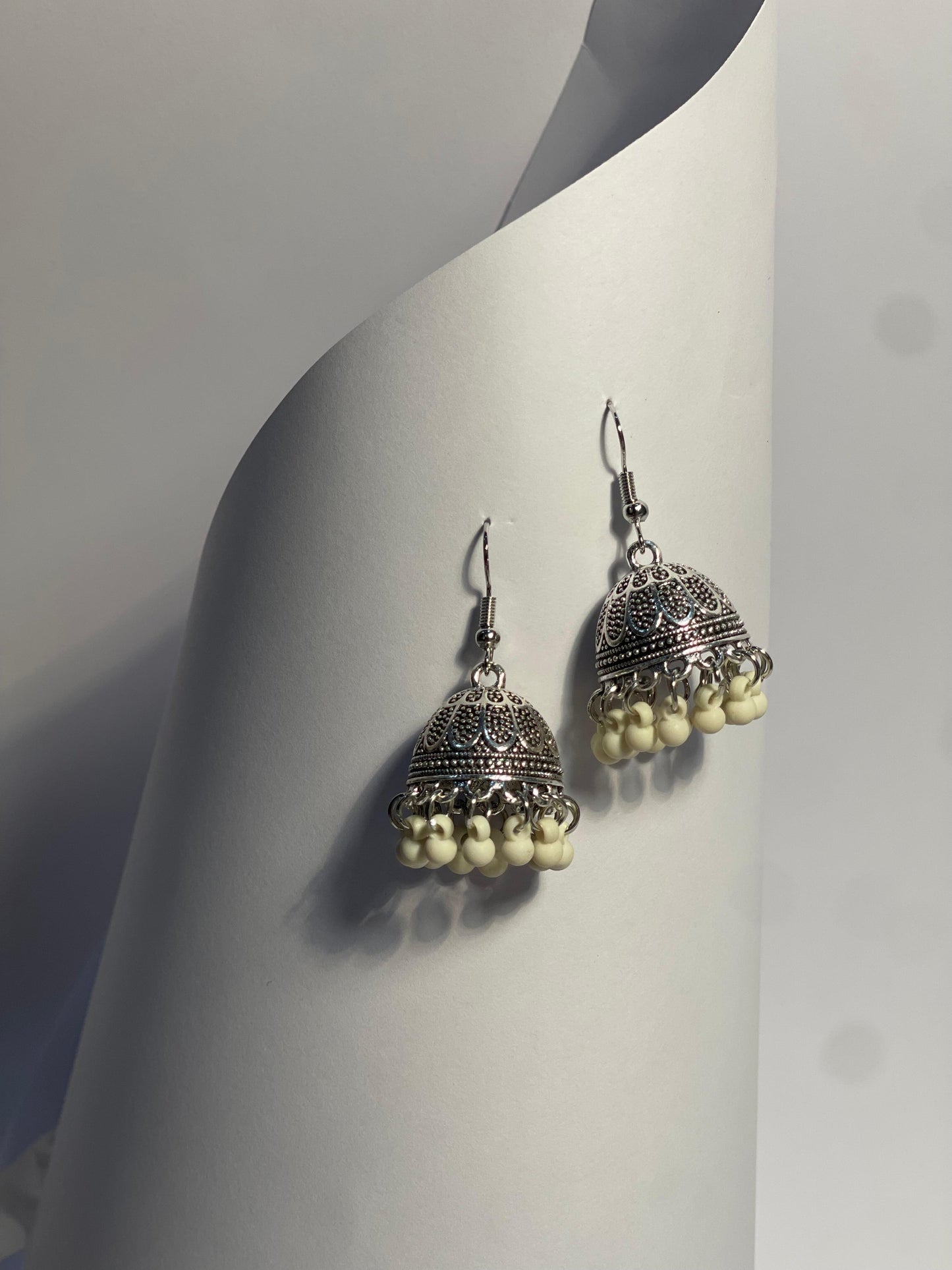 silver katuri jhumki with white beads-(Noor-Bano-Collection)