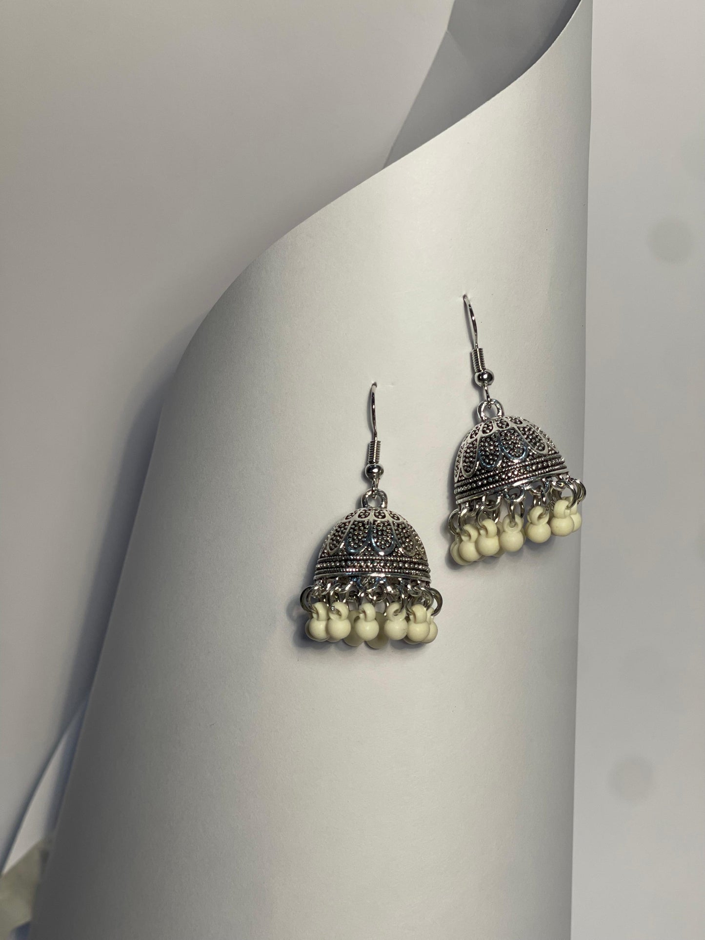 silver katuri jhumki with white beads-(Noor-Bano-Collection)