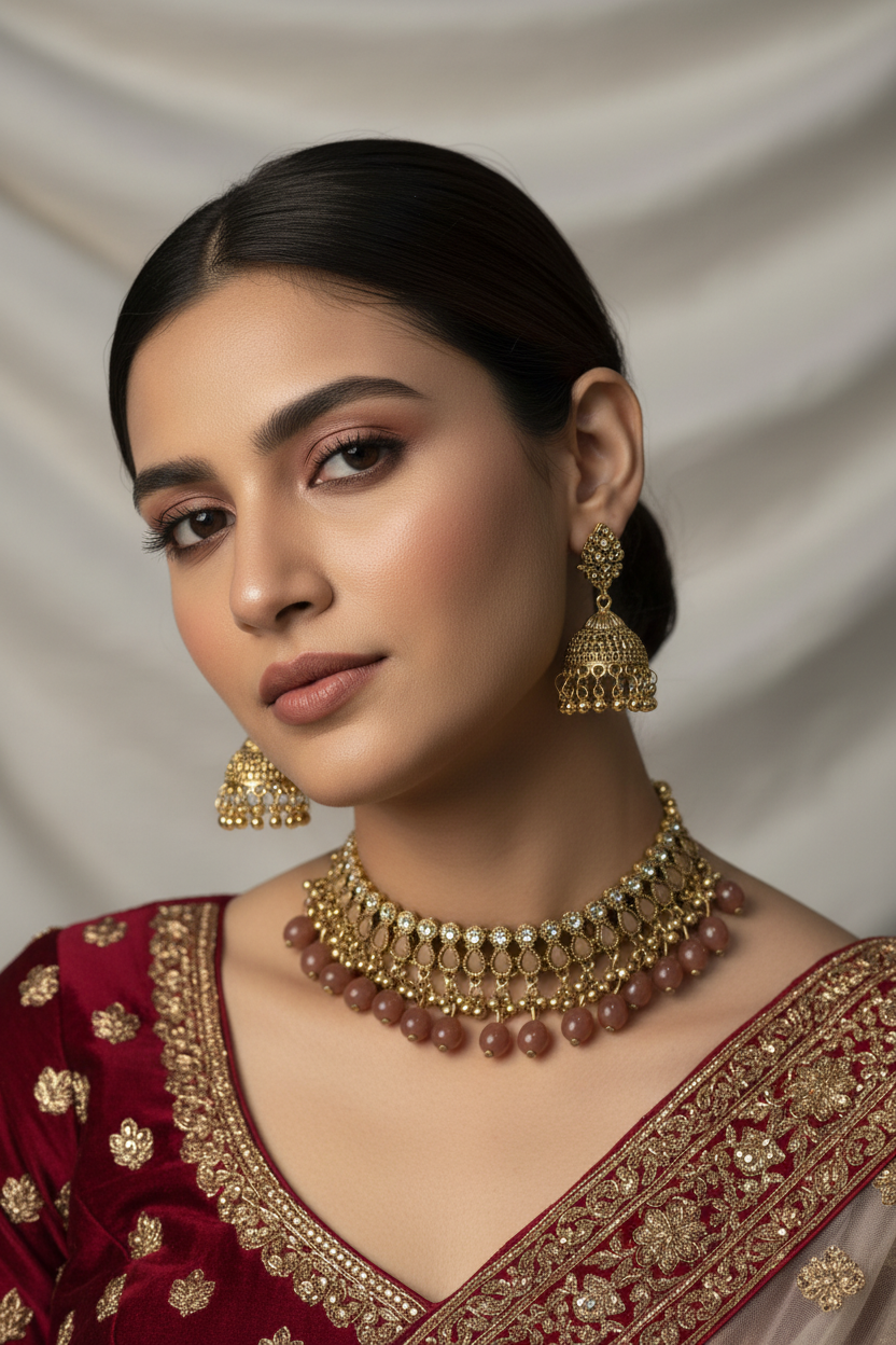 Booti Set-Gold with brown beads(Gulbano collection)