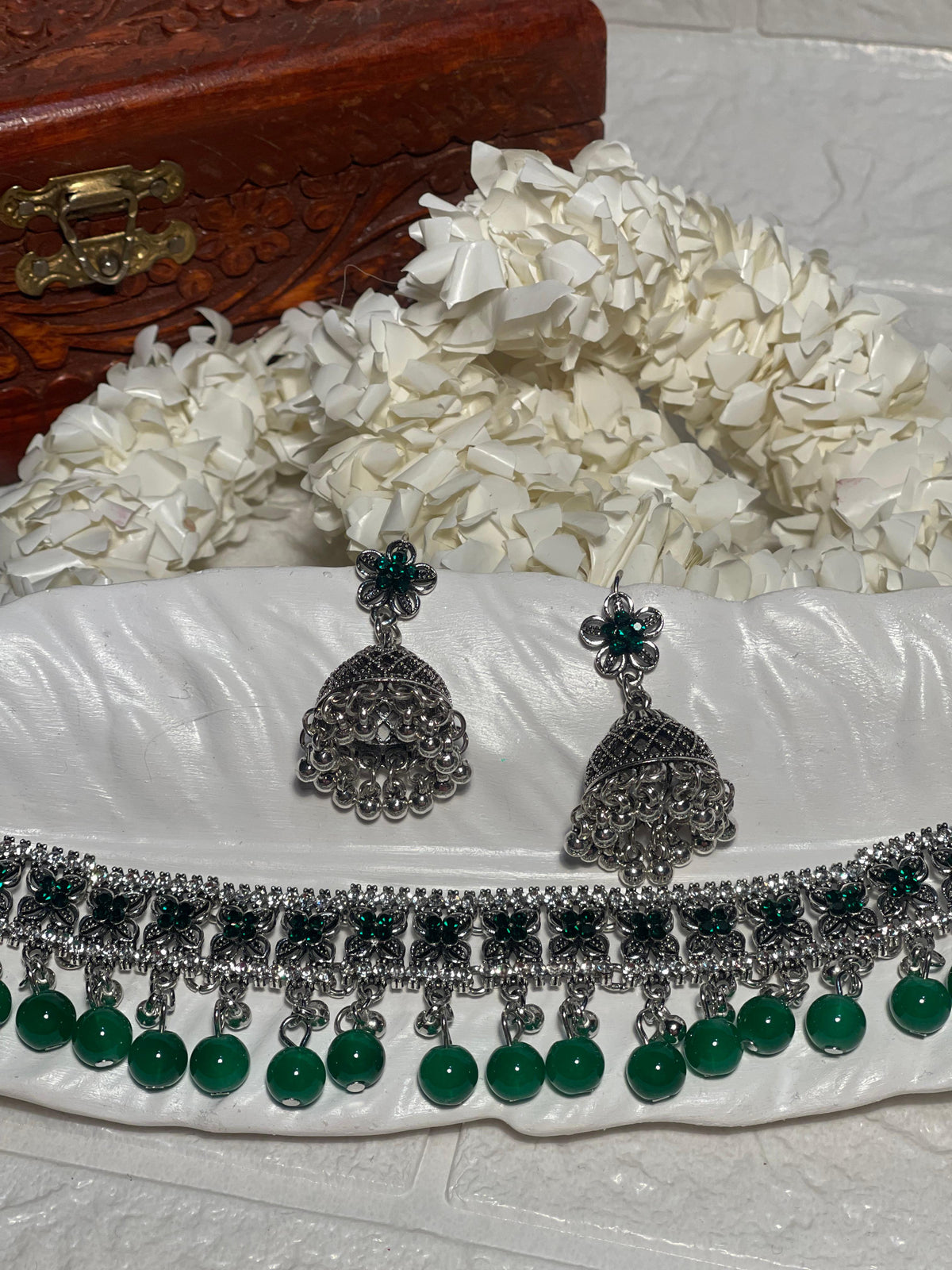 phool set Silver with green beads-(Gulbano collection)