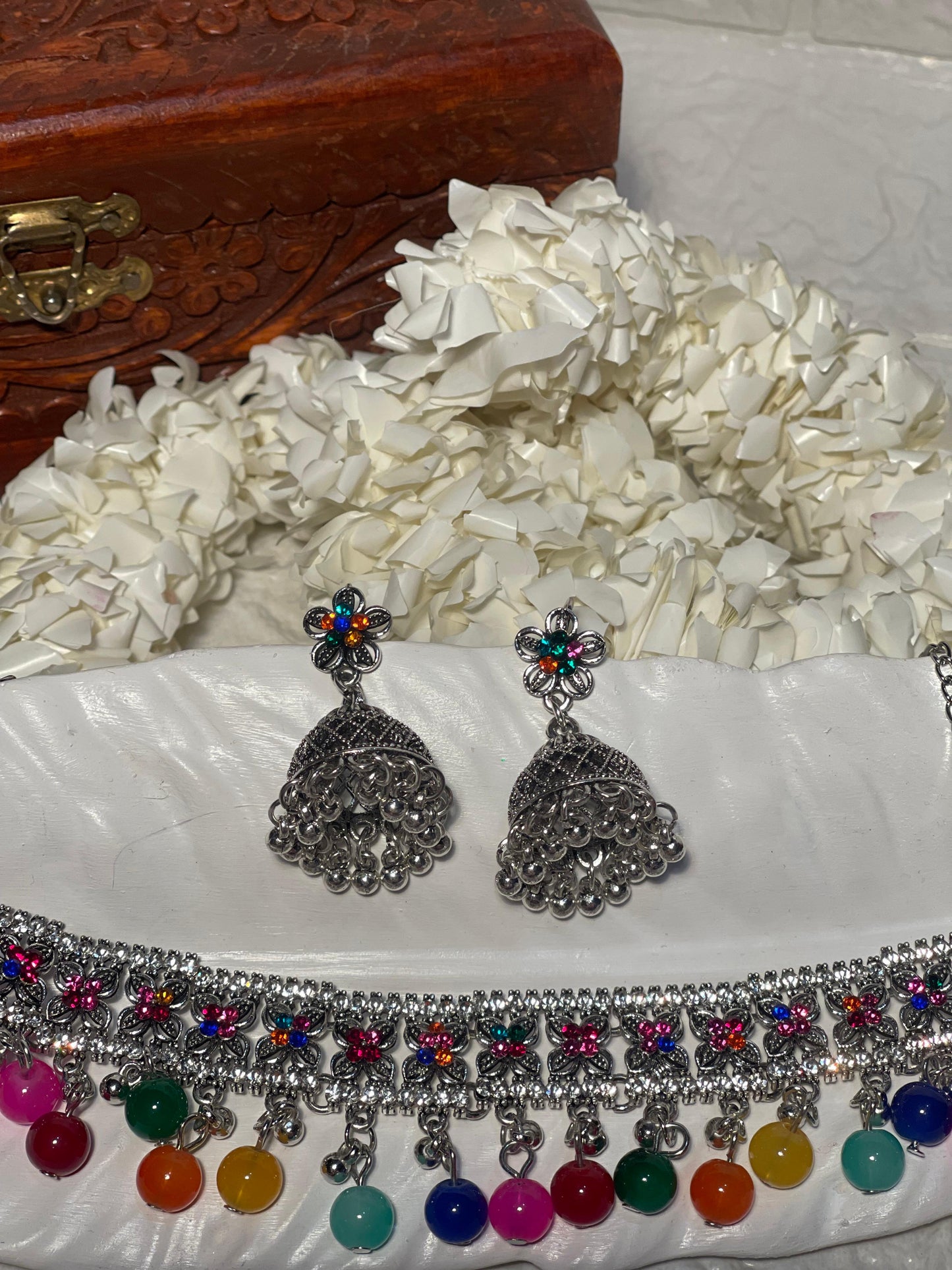 phool set Silver with multi beads-(Gulbano collection)