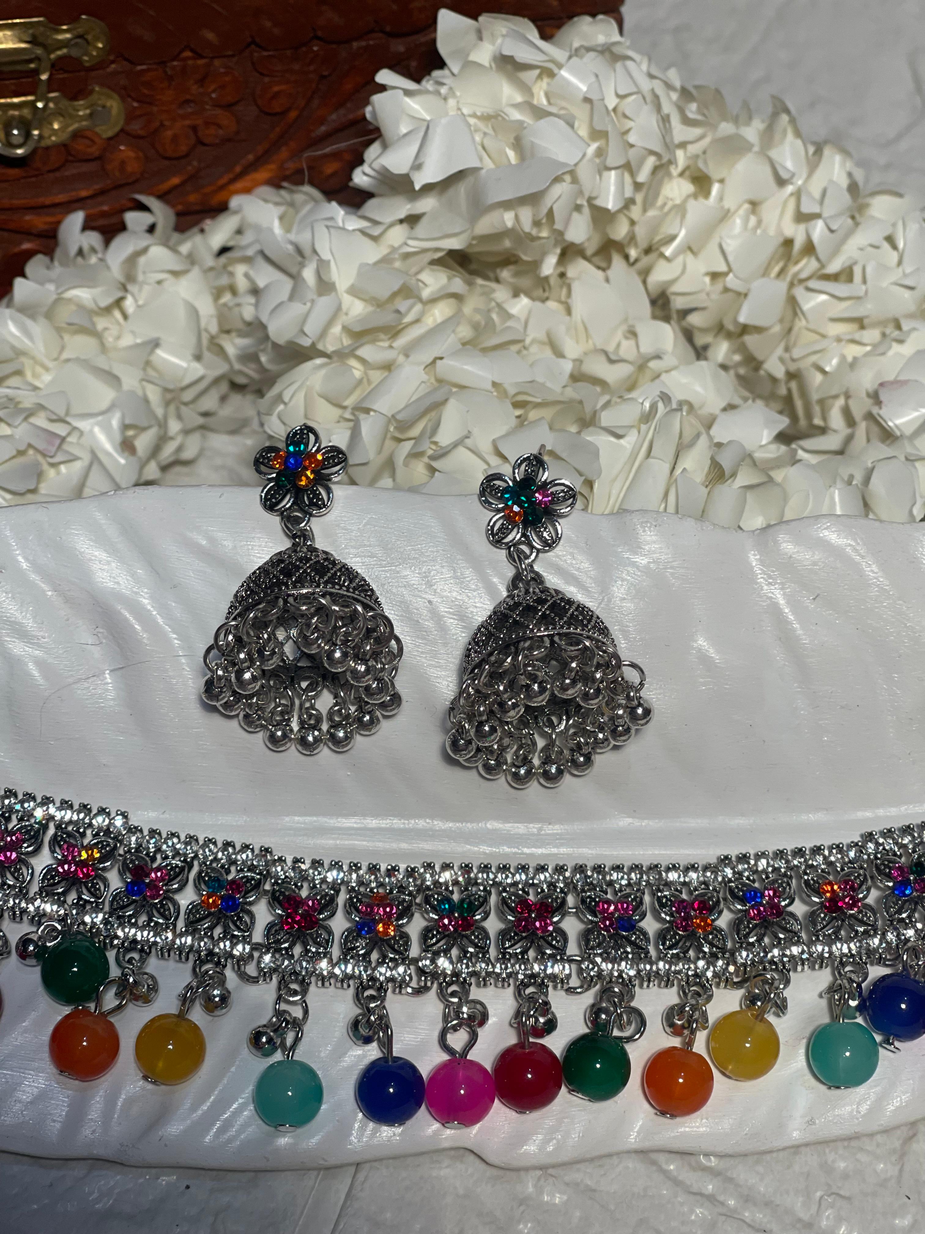 phool set Silver with multi beads-(Gulbano collection)