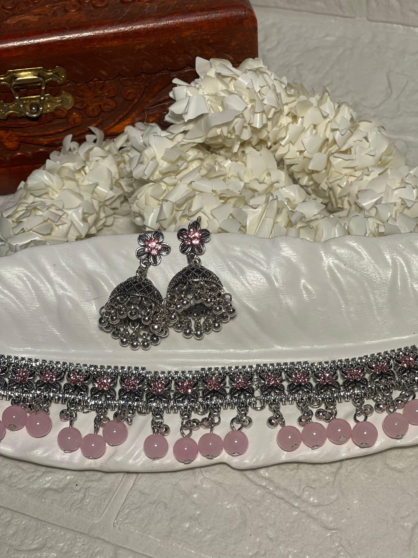 phool set Silver with pink beads-(Gulbano collection)