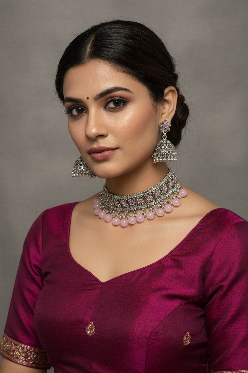 phool set Silver with pink beads-(Gulbano collection)