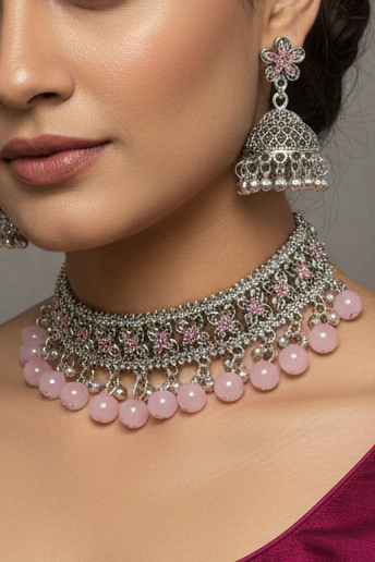 phool set Silver with pink beads-(Gulbano collection)