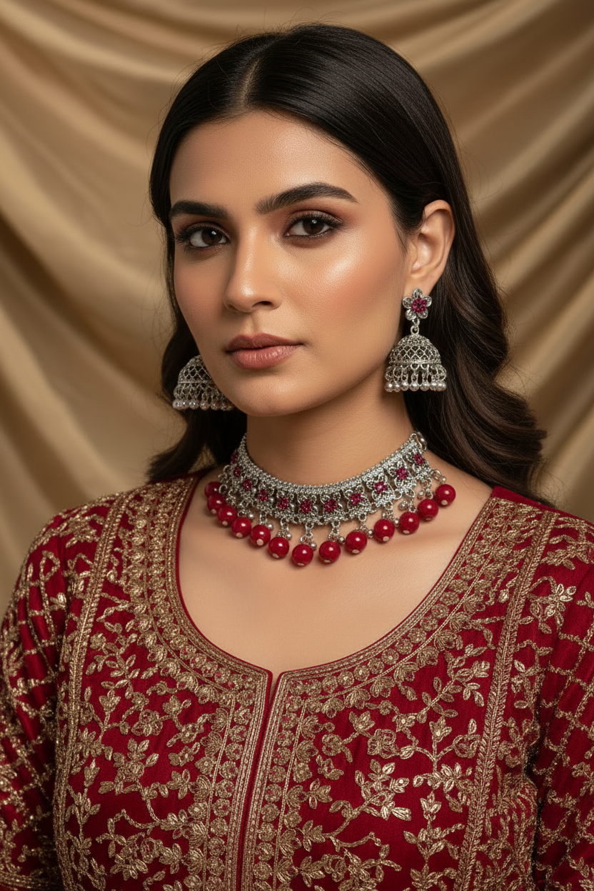 phool set Silver with red beads-(Gulbano collection)