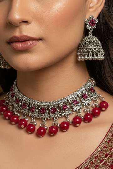 phool set Silver with red beads-(Gulbano collection)