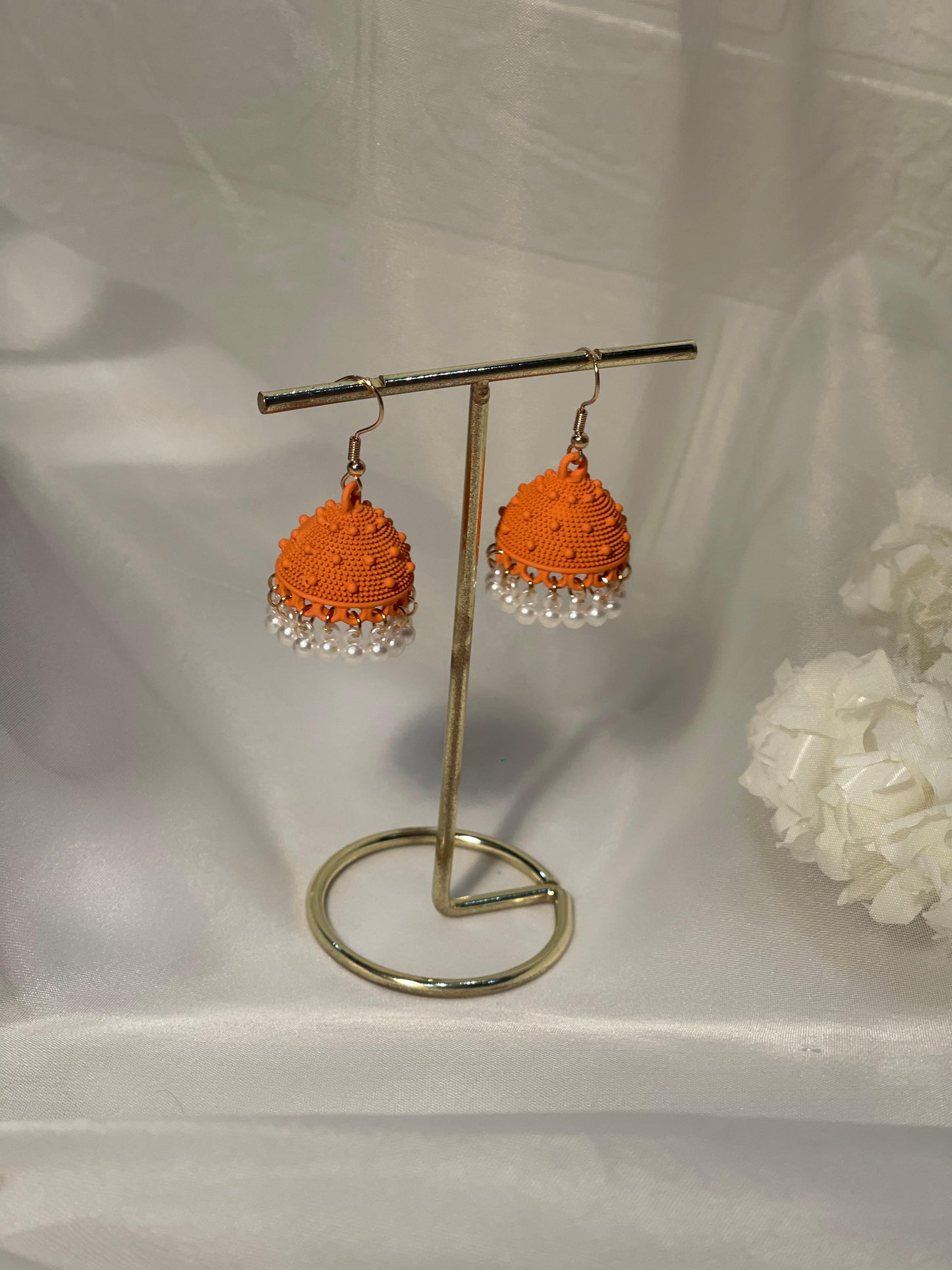 Dotted matt jhumki orange- white beads(shahi collection)