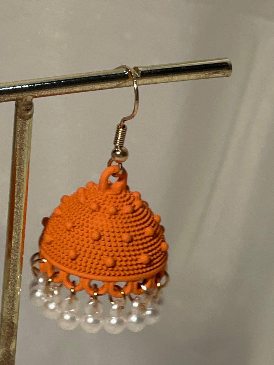 Dotted matt jhumki orange- white beads(shahi collection)