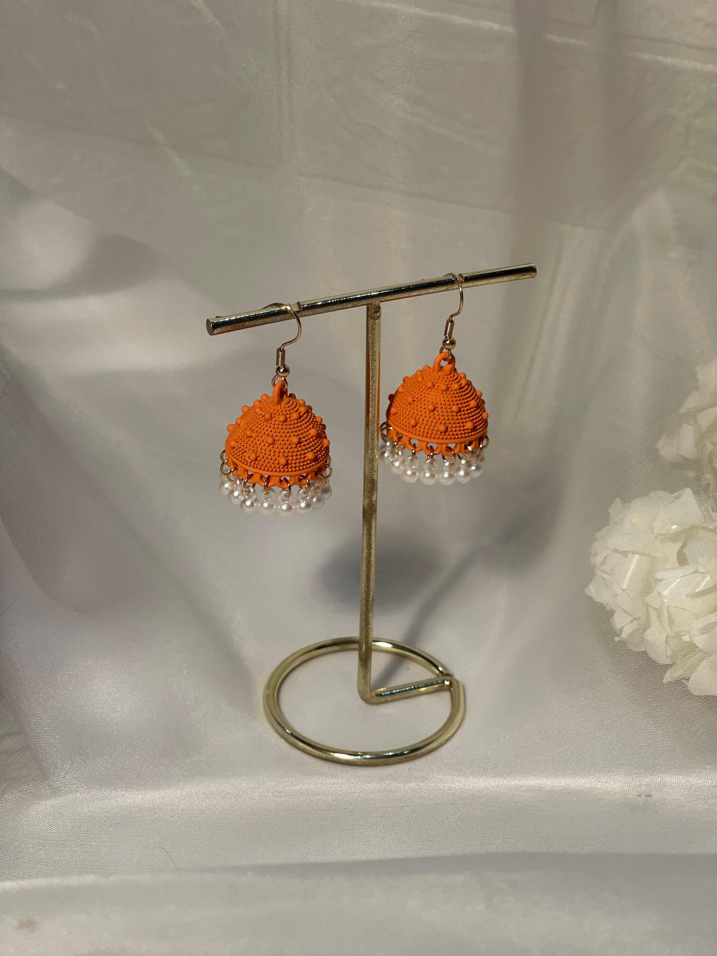 Dotted matt jhumki orange- white beads(shahi collection)