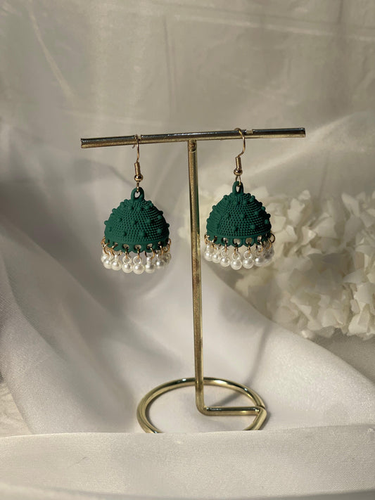 Dotted matt jhumki green - white beads(shahi collection)