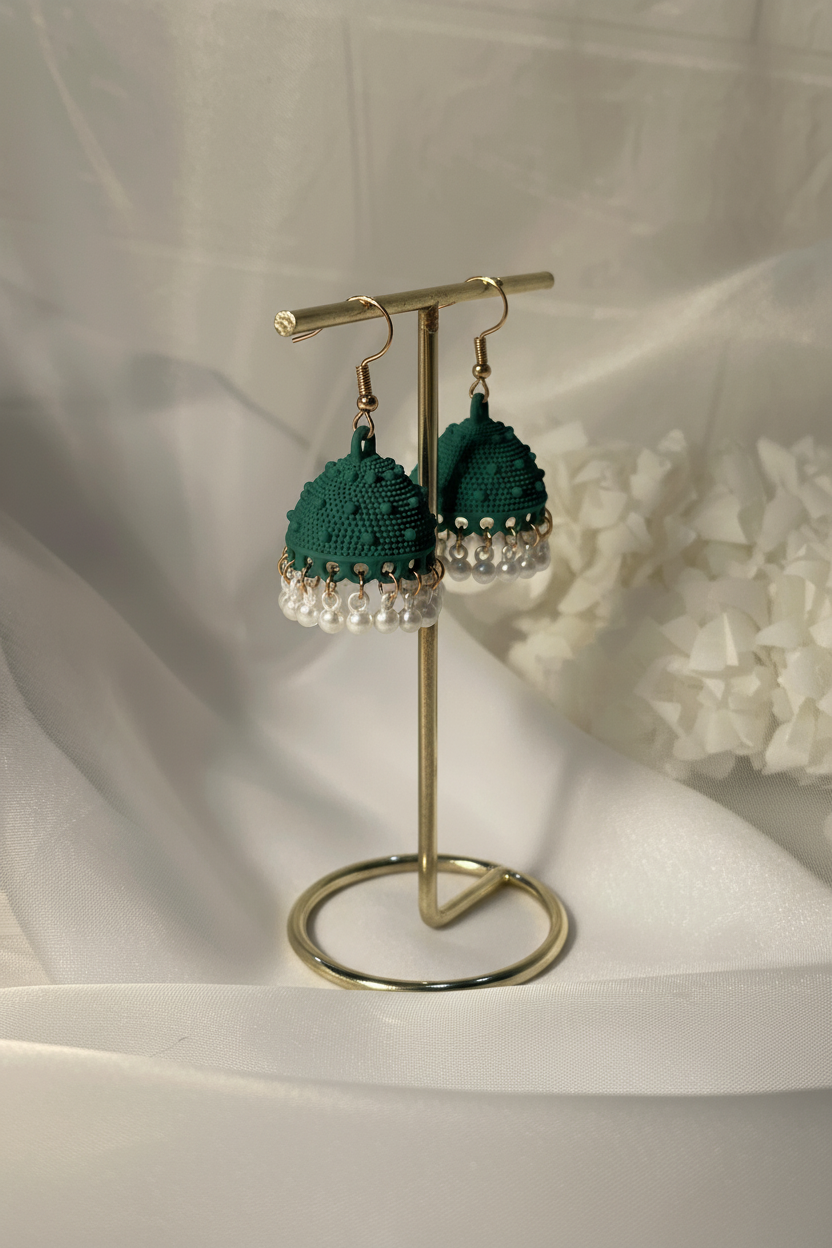 Dotted matt jhumki green - white beads(shahi collection)