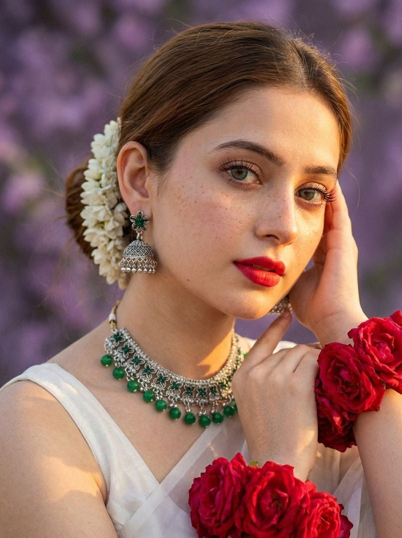 phool set Silver with green beads-(Gulbano collection)
