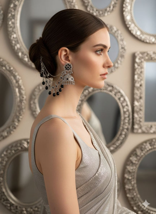 Gol Phool mota moti saharay silver and black (Meharbano collection)