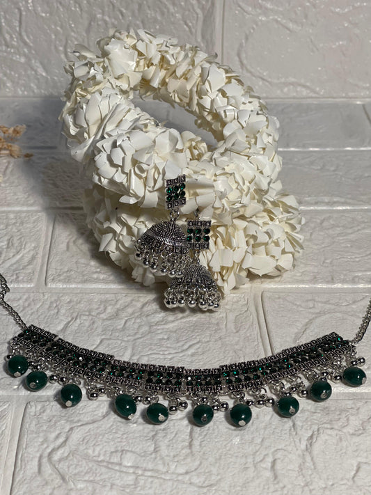 Chakoor chandi Set-green beads(baharbano Collection)