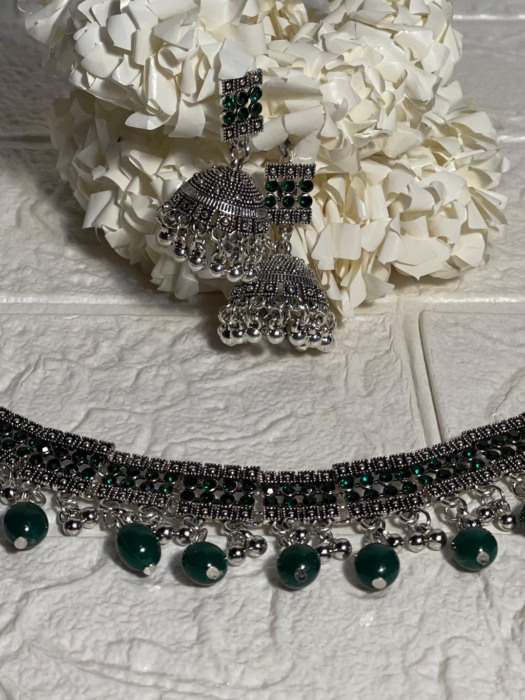 Chakoor chandi Set-green beads(baharbano Collection)