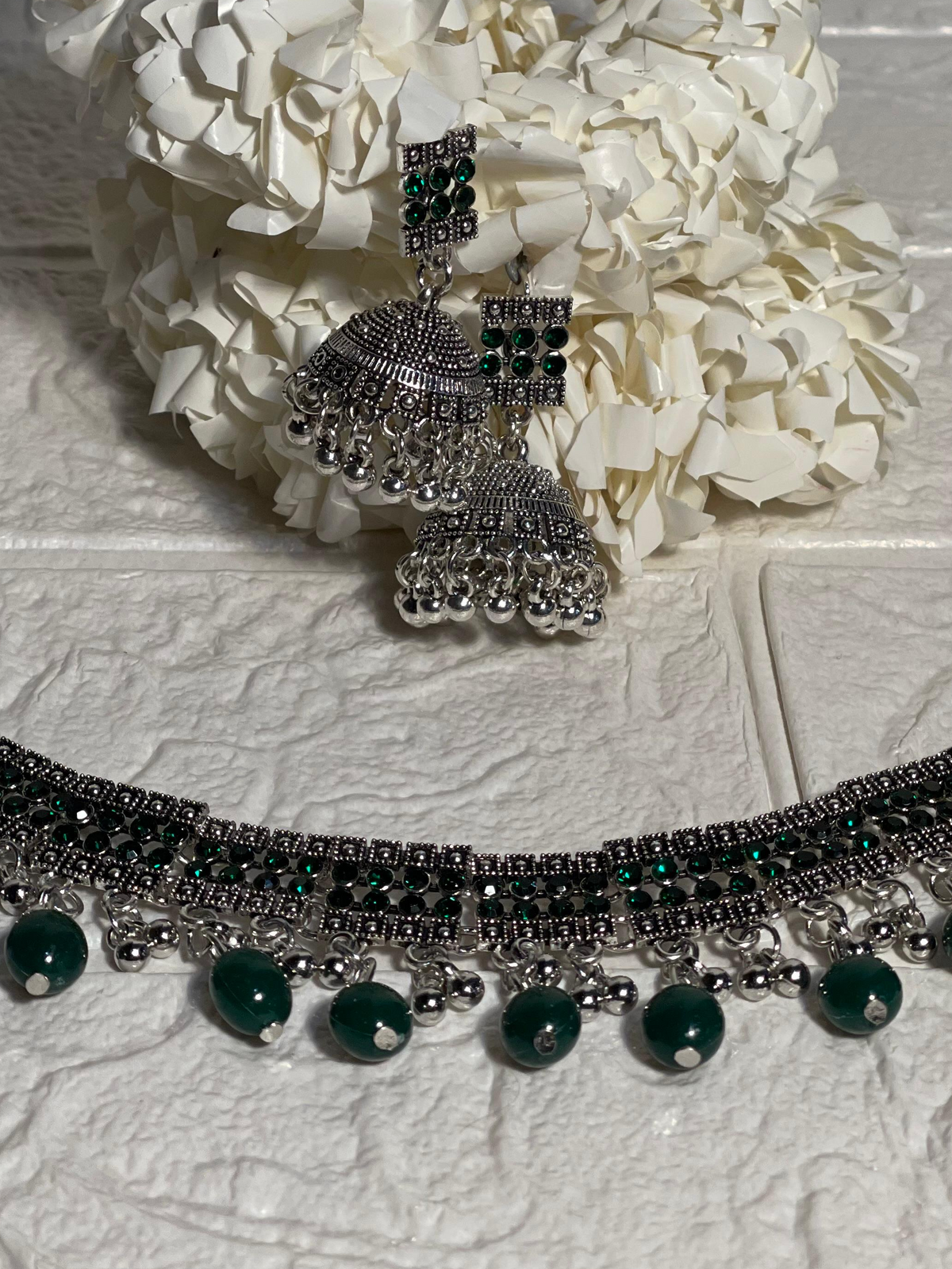 Chakoor chandi Set-green beads(baharbano Collection)