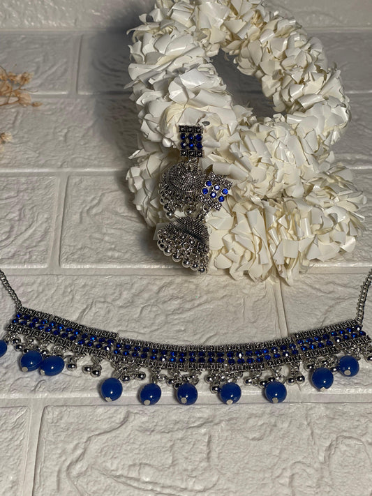 Chakoor chandi Set-blue beads(baharbano Collection)