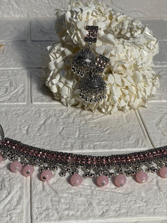 Chakoor chandi Set-pink beads(baharbano Collection)