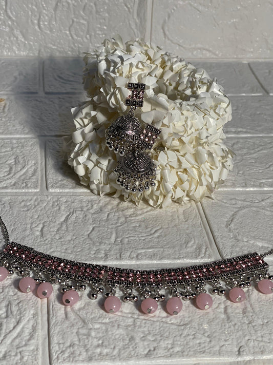 Chakoor chandi Set-pink beads(baharbano Collection)