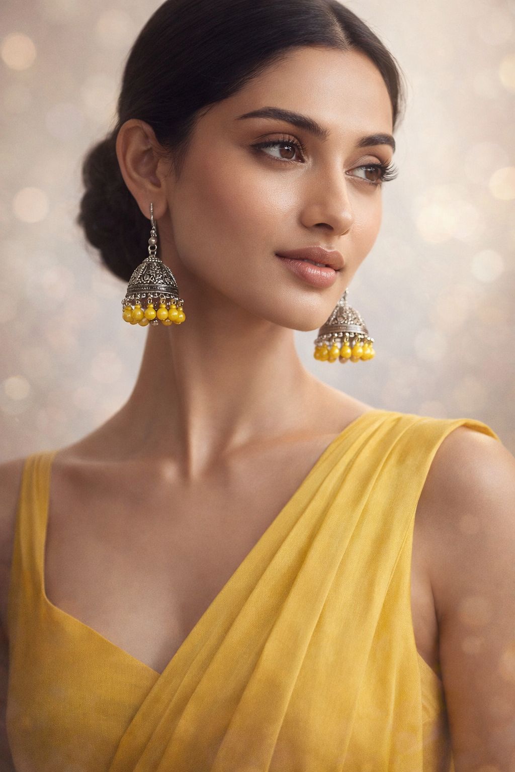 silver katuri jhumki with yellow beads-(Noor-Bano-Collection)