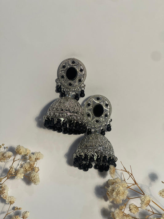 Oval Jhumki silver and black- (Baharbano)