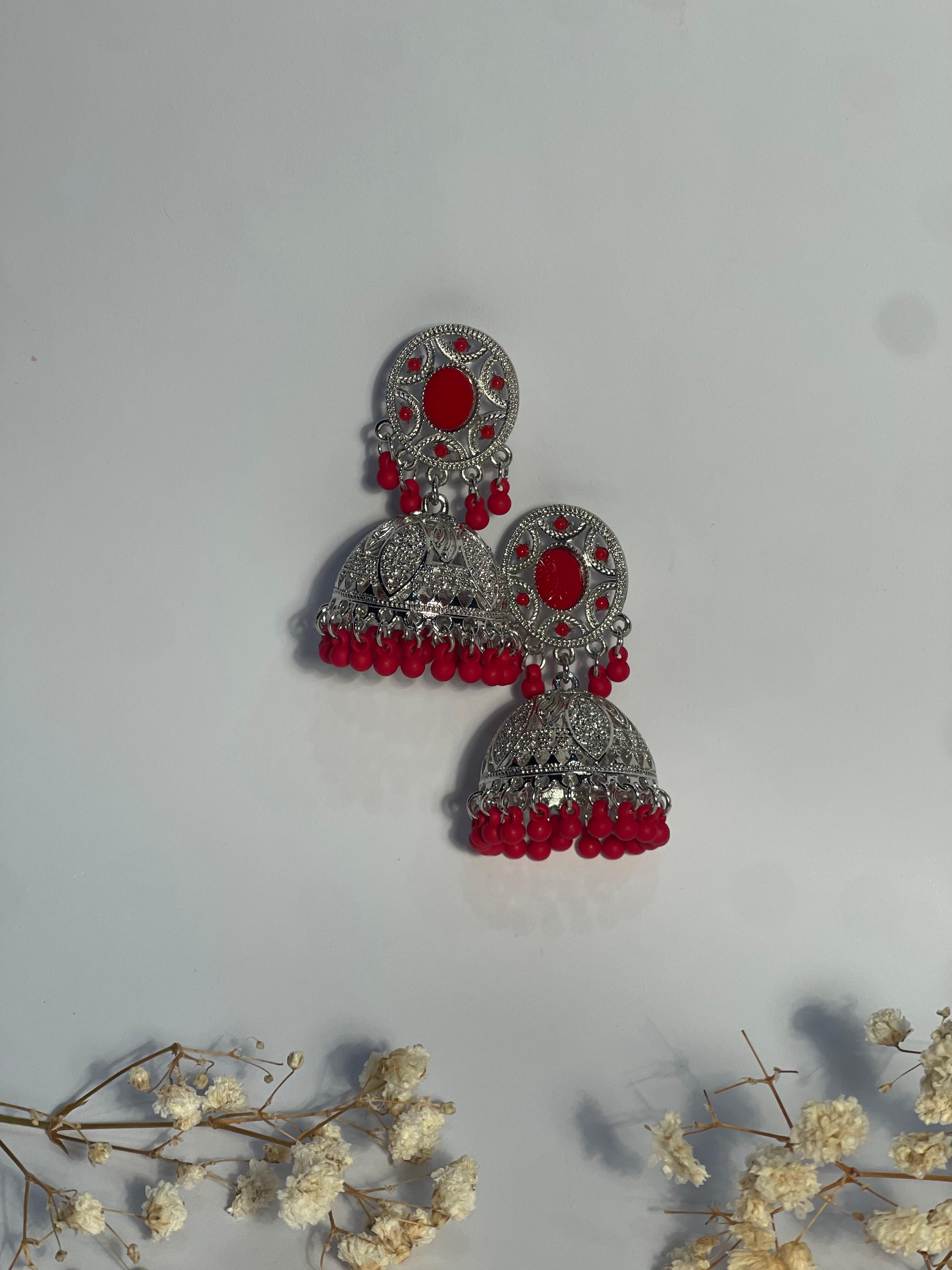 Oval Jhumki silver and red- (Baharbano)