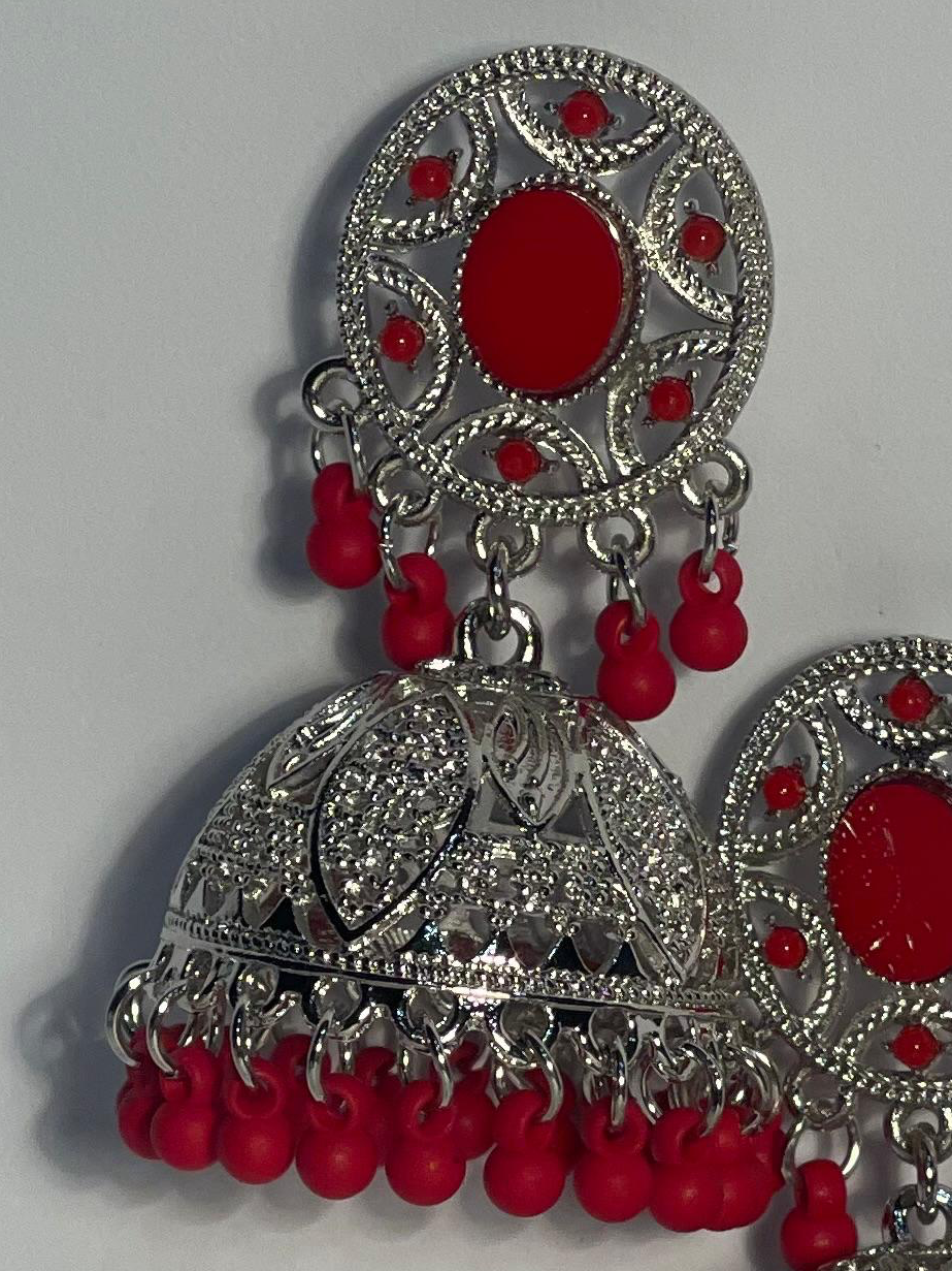 Oval Jhumki silver and red- (Baharbano)