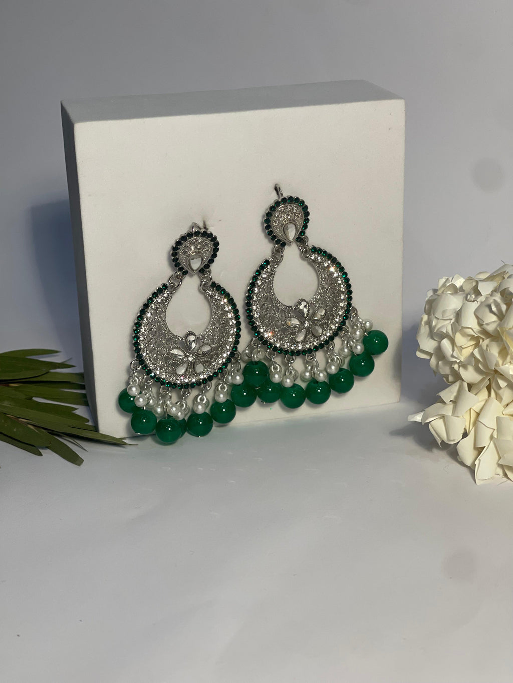 Ghungroo earrings silver with green beads(Mahbano)