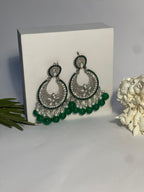 Ghungroo earrings silver with green beads(Mahbano)