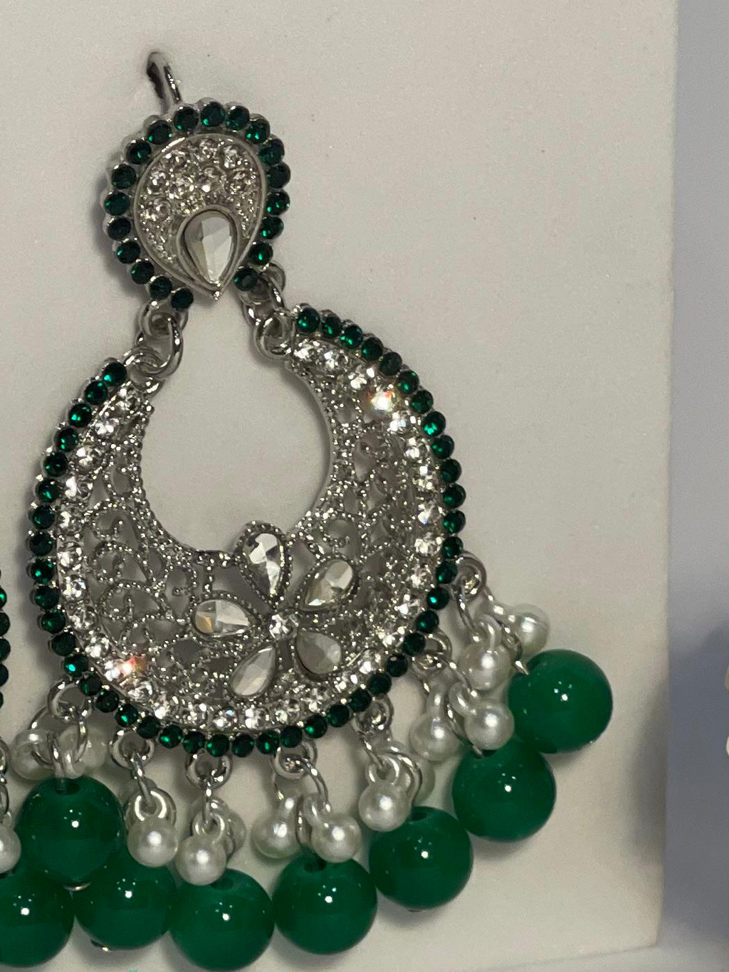 Ghungroo earrings silver with green beads(Mahbano)