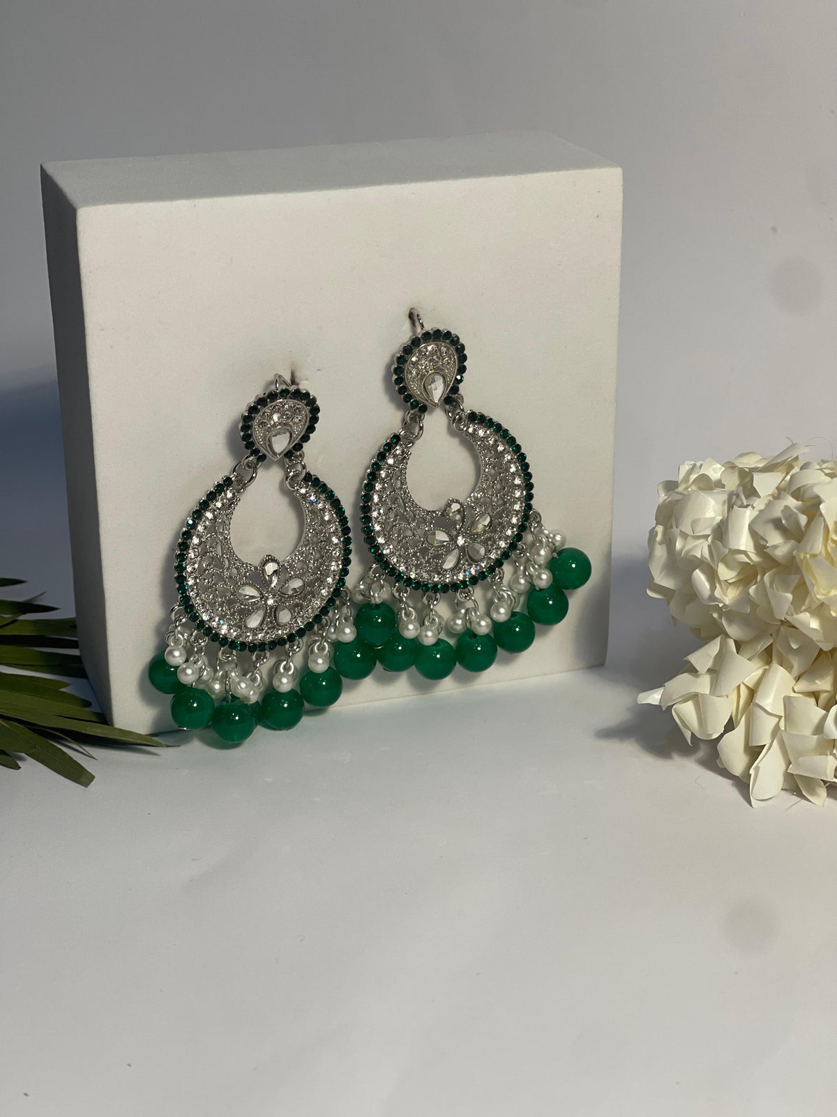 Ghungroo earrings silver with green beads(Mahbano)
