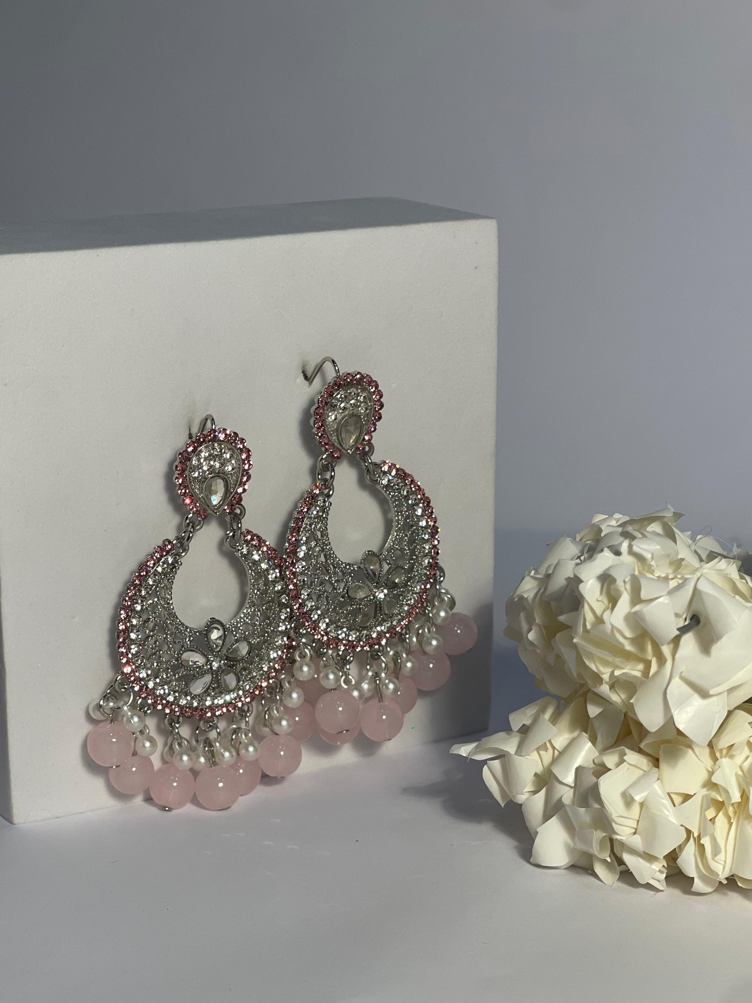 Ghungroo earrings silver and pink(Mahbano)