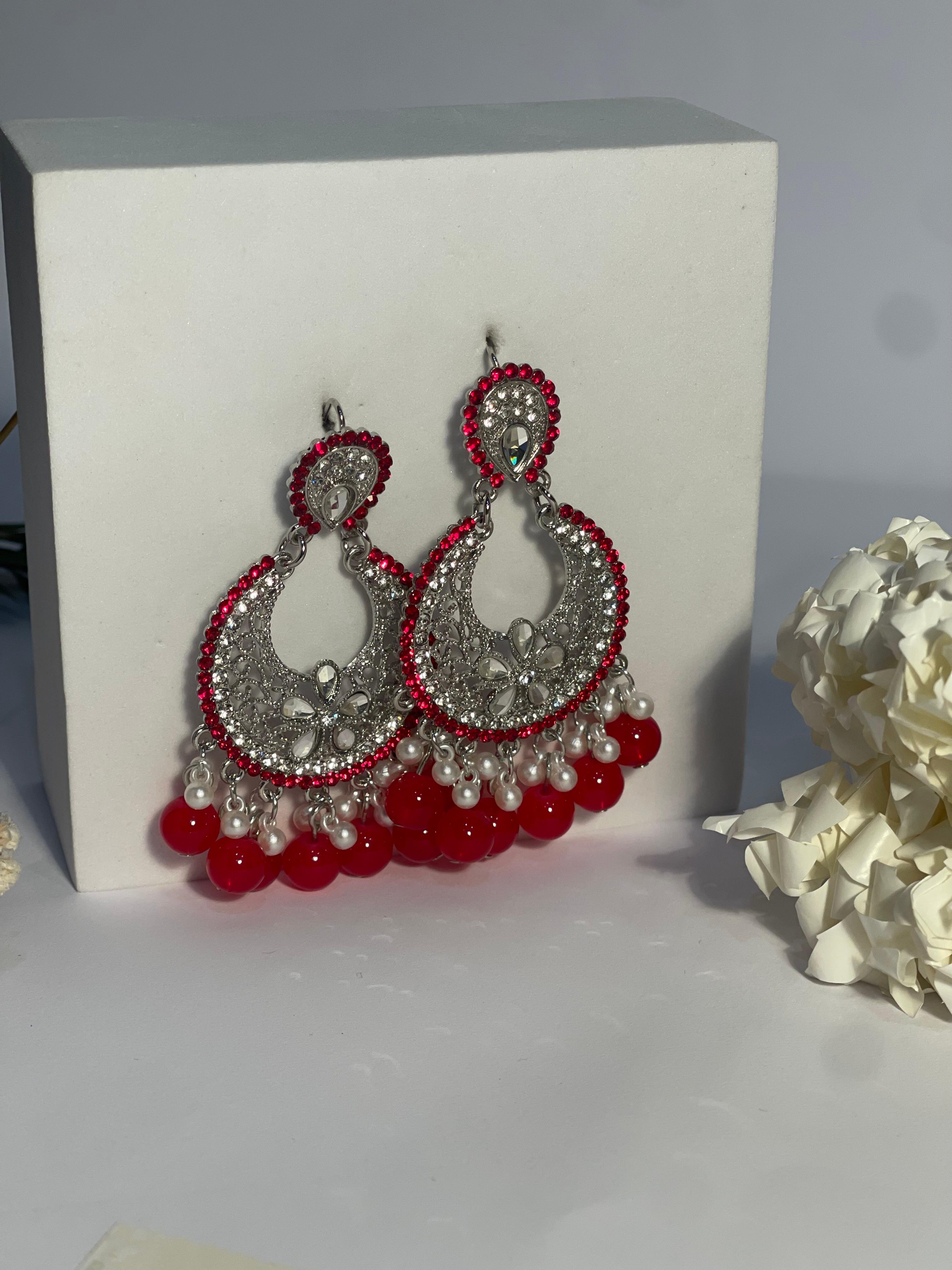 Ghungroo earrings silver and red(Mahbano)