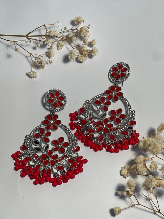 Phool Earring red and silver(Mahbano)