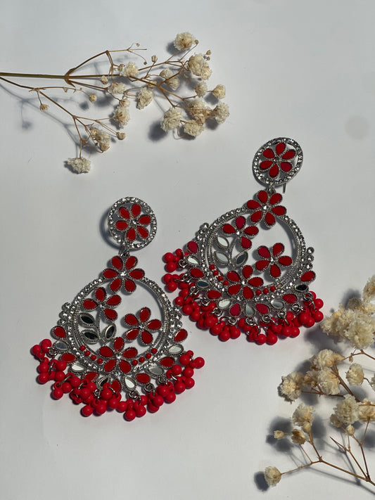 Phool Earring red and silver(Mahbano)