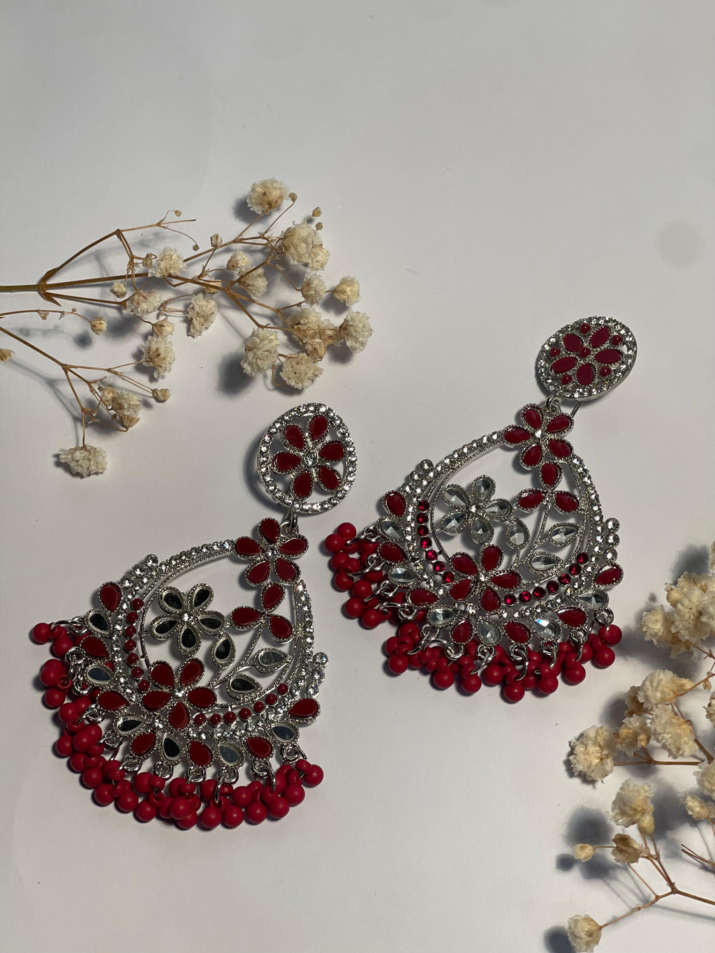 Phool Earring maroon and silver(Mahbano)
