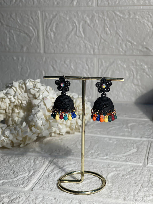 Flower matt jhumki black and multi- (Zartabbano)