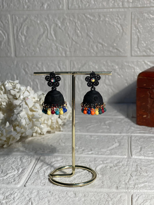 Flower matt jhumki black and multi- (Zartabbano)