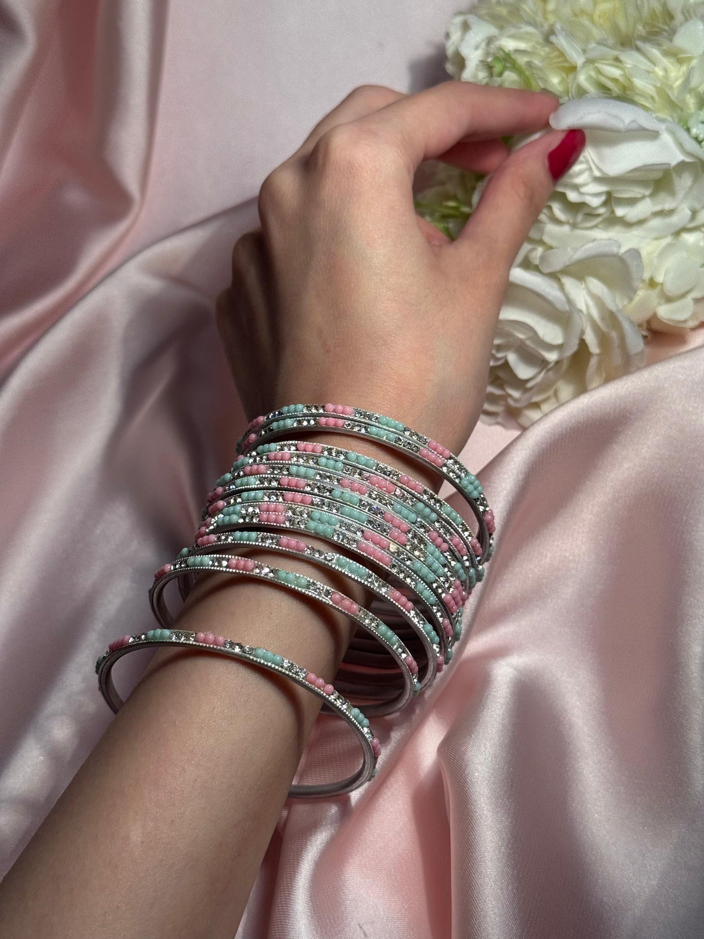 Neha Bangles (silver pink & green)