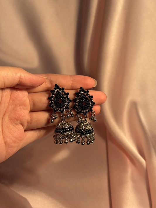 Sarah Jhumki-silver and black-(Noor-Bano-Collection)
