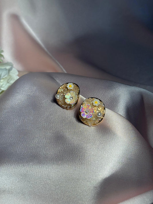 Enamel Round earrings-beige