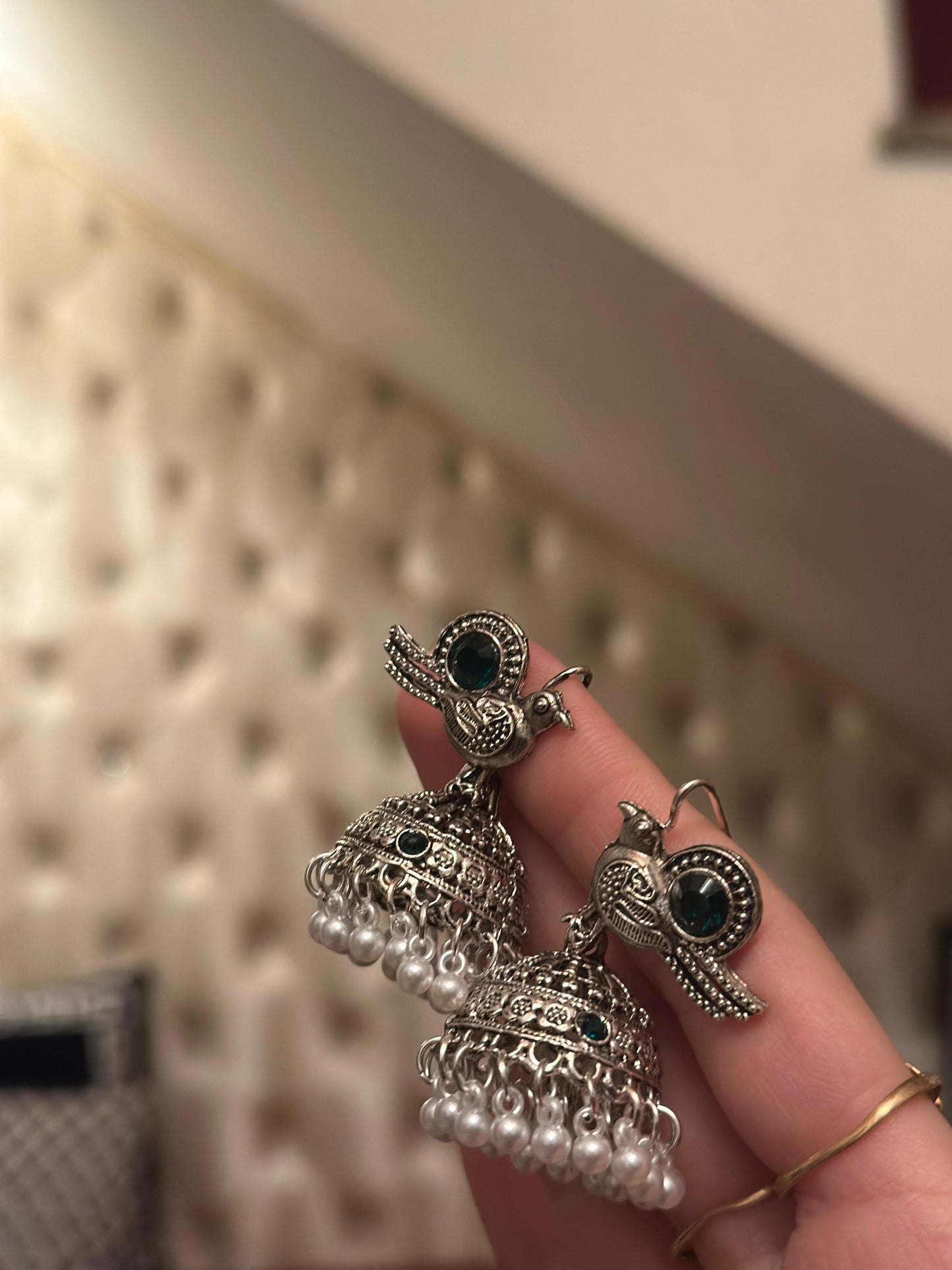 Chiriya Katoori Jhumki (Silver and Emerald)