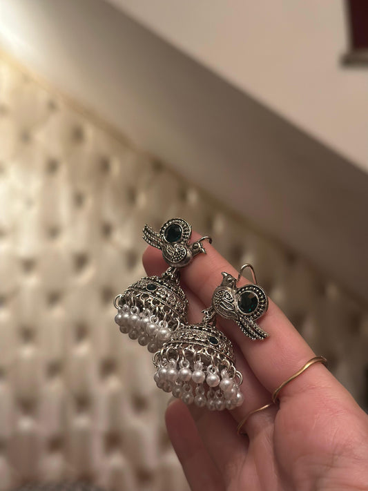 Chiriya Katoori Jhumki (Silver and Emerald)