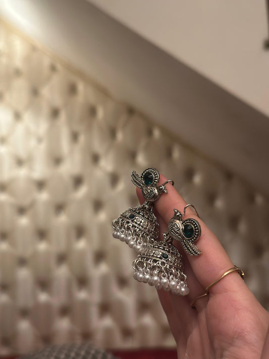 Chiriya Katoori Jhumki (Silver and Emerald)