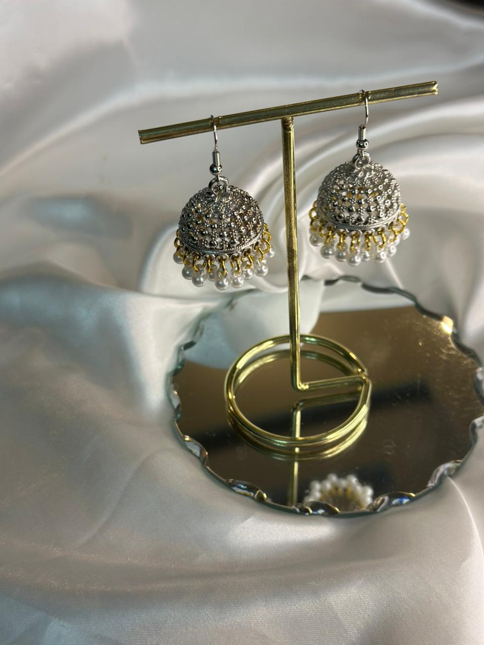 dotted Jhumki (Silver with gold rings and white moti)
